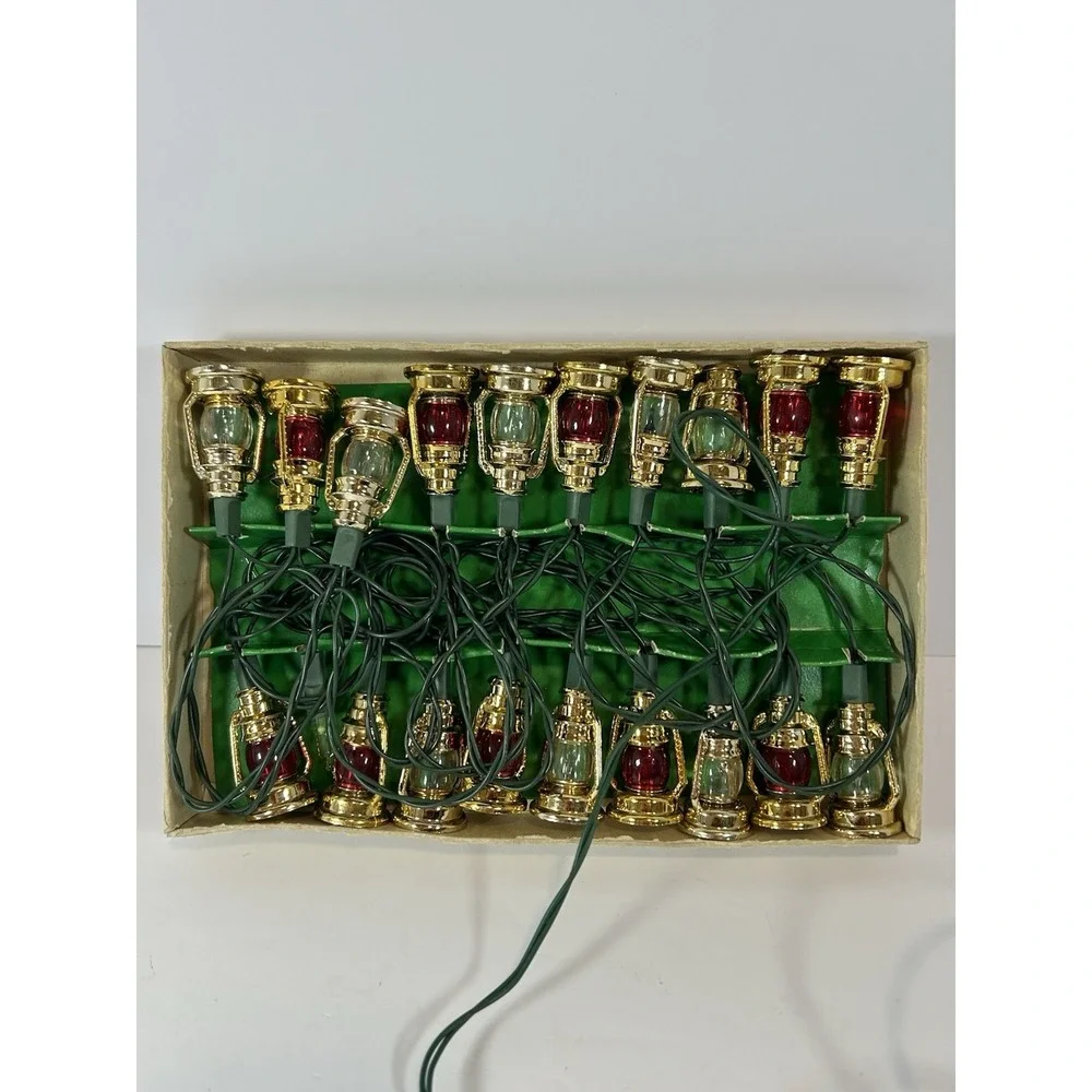 Vintage Christmas Mini Lantern Light Set Red/Wht/Gold Tested Works 15.5 ft